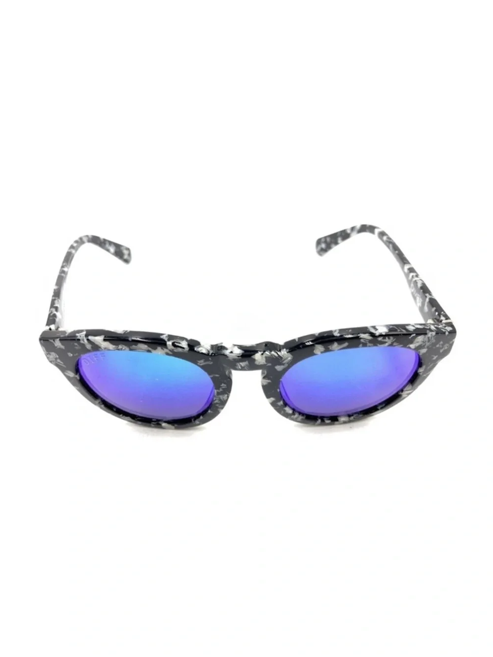 Diff Eyewear Dime II Black White Round Horn Sunglasses Mirrored Blue Brown Lens